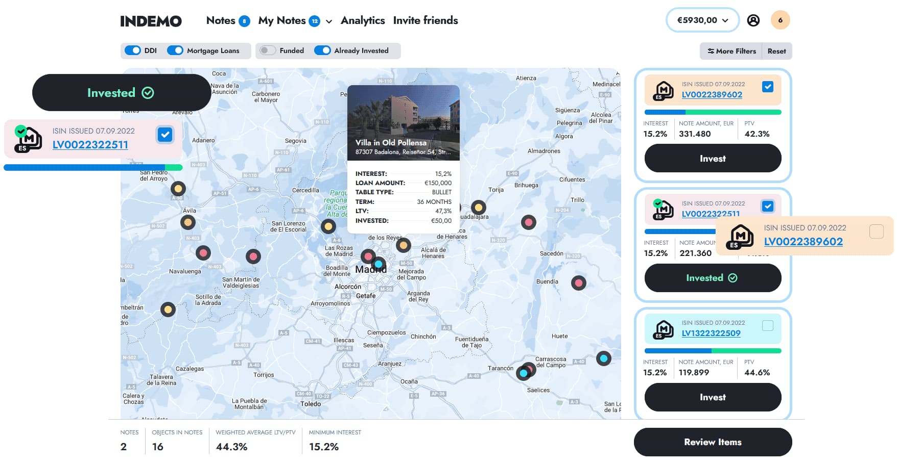 Carte de nos investissements sur Indemo