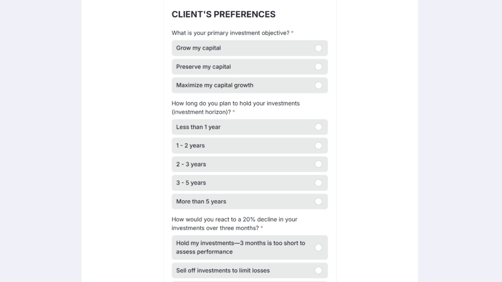Partie Préférences du client du questionnaire d’Adéquation et de Caractère Approprié