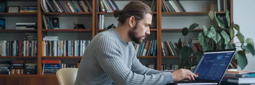 Un investisseur calcule les rendements de ses différents actifs sur son ordinateur portable dans son salon